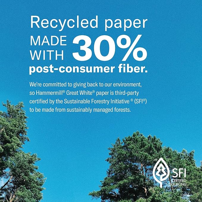 Hammermill Printer Paper, Great White 30% Recycled Paper, 3 Hole - 92 Bright, Made in the USA, 086702-1 Ream (500 Sheets)