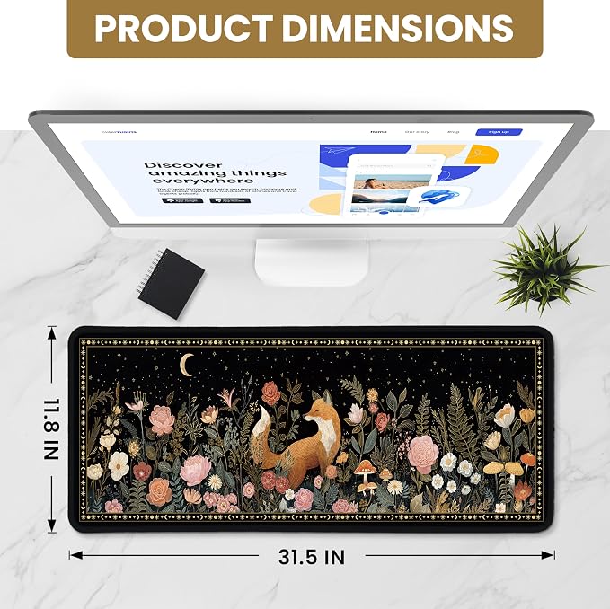 Aesthetic Desk Mat, Cute Wildwood Fox Desk Pad Protector for Work & Decor, 31.5" x 11.8", Pretty Non-Slip Extended Mouse Pad for Office or Home