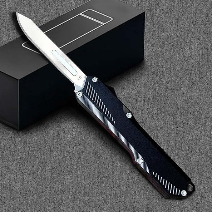 Automatic Scalpel Pocket Knife, Small Auto Retractable Knife Push Button, 5PCS #60 Mini Razor Blades Utility Knife, EDC Replaceable Blade Box Cutter with Clip