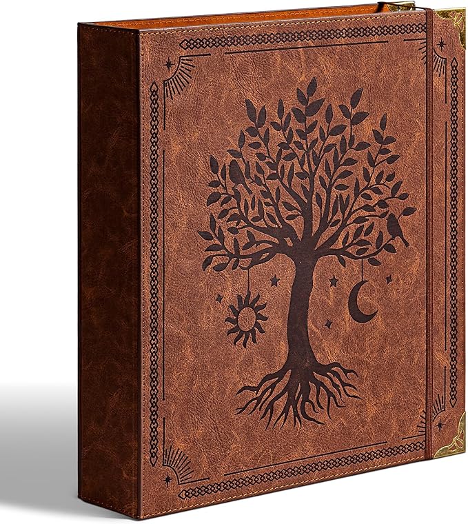 Leather D Ring Binder Fits 8.5"x11" Letter Size Paper, 2 Inch D Ring Binders Holds 550 Sheets, Notepad Paper Cover Loose Leaf Organizer with Inner Pockets, Brown Tree