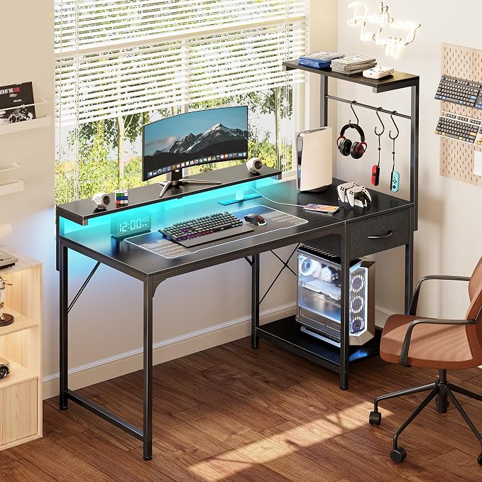 39.4 Inch Gaming Desk with LED Lights & Power Outlets | Small Computer Desk with Drawer & Storage Shelves, Office Writing Desk with Monitor Stand for Work from Home, Black