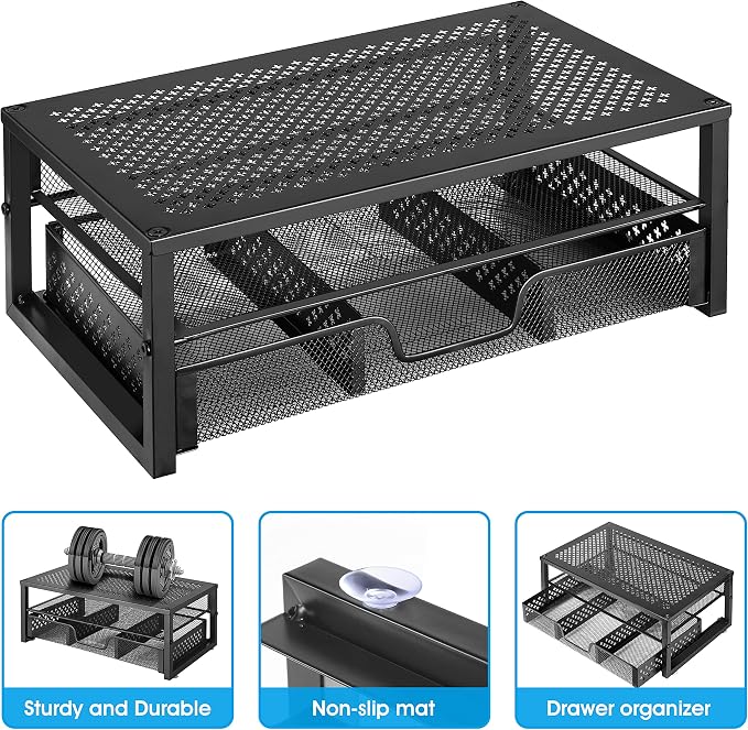 Simple Trending Metal Monitor Stand Riser and Computer Desk Organizer with Drawer for Laptop, Computer, iMac, Black | 16"W x 10"D x 6.25"H. Sturdy Metal Frame. 2-tier + drawer. Holds 66 lbs. Anti-slip. Fits laptop, monitor, iMac. Easy assembly