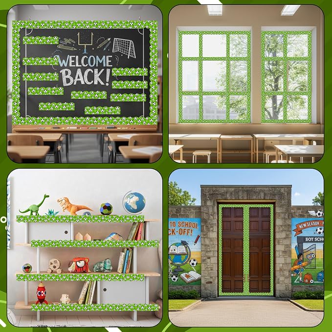 BeYumi Soccer Sport Border Trim - 65ft Back to School Soccer Sport on Green Scalloped Rolled Border Trim Football Sports Ball Theme Bulletin Board Set Party School Classroom Chalkboard Wall Decoration