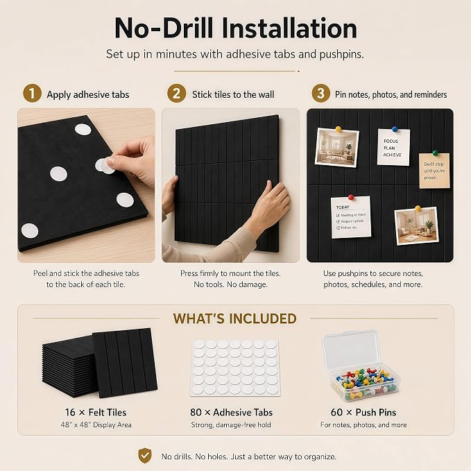 48"x48" Large Felt Bulletin Board Tiles for Wall, 16 Pack, Black | with Pushpins & Adhesive Tabs, No-Drill Installation, for Home or Office Wall Decoration and Protection, Freely DIY Projects