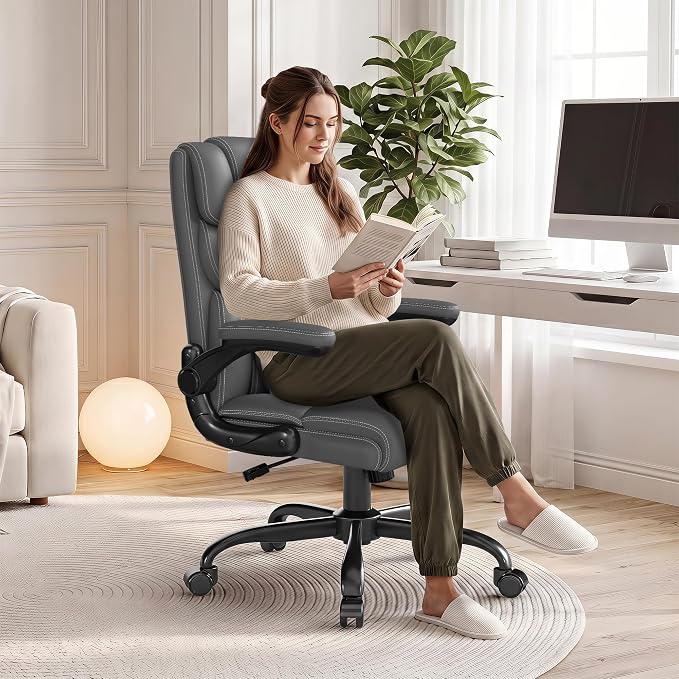 Office Chair, Executive Mid-Back Computer Desk Chair with Flip-up Armrests | 300 Lbs Ergonomic Leather Swivel PC Chair with Rock Function for Working Studying (Gray)