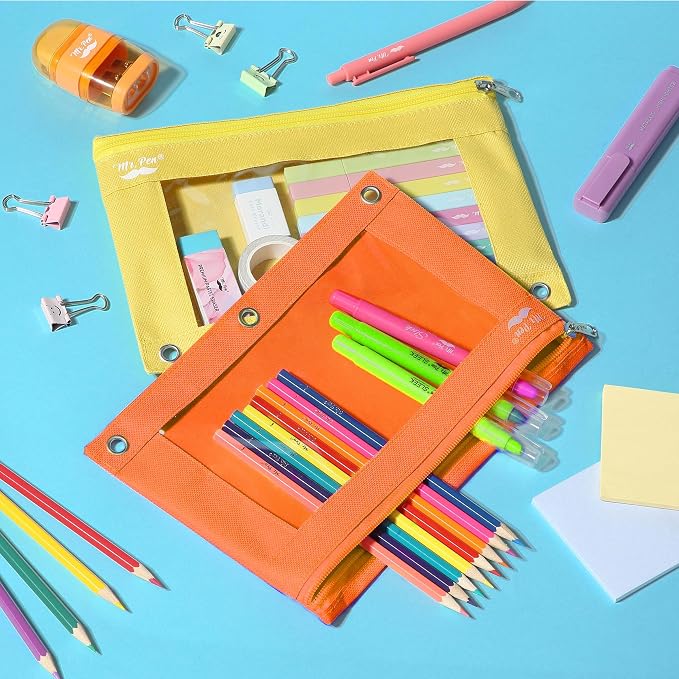 Mr. Pen- Pencil Pouch for 3 Ring Binder, 2 Pack, 10"x6.75", Smooth Zipper | Clear Window, Large Capacity Pencil Case with 3 Reinforced Grommets for School, Office, Supplies Storage | Clear Window, Large Capacity Pencil Case with 3 Reinforced Grommets f...