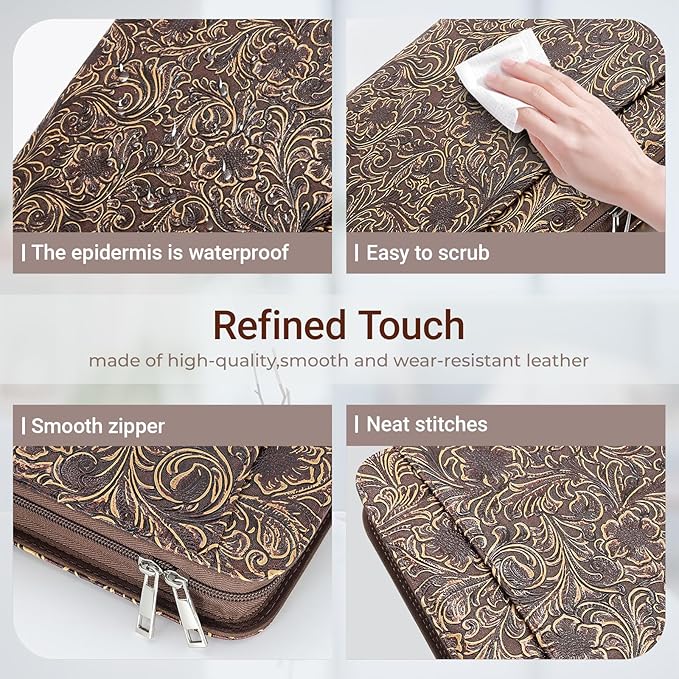 Western Vintage Floral Embossed Faux Leather Zippered Padfolio with 3 Ring Binder, Executive Portfolio Organizer Binder for Women, Fits 13.9" Laptop/Tablet, Refillable Writing Pad Pocket