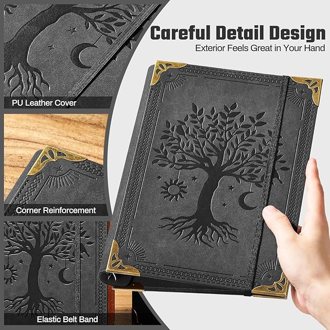 PU Leather A5 Binder 6 Ring Refillable Journal Cover No Refill Paper A5 Planner Binder Loose Leaf Binder for Notebook 5.7”x8.3” with Elastic Closure, Black Tree
