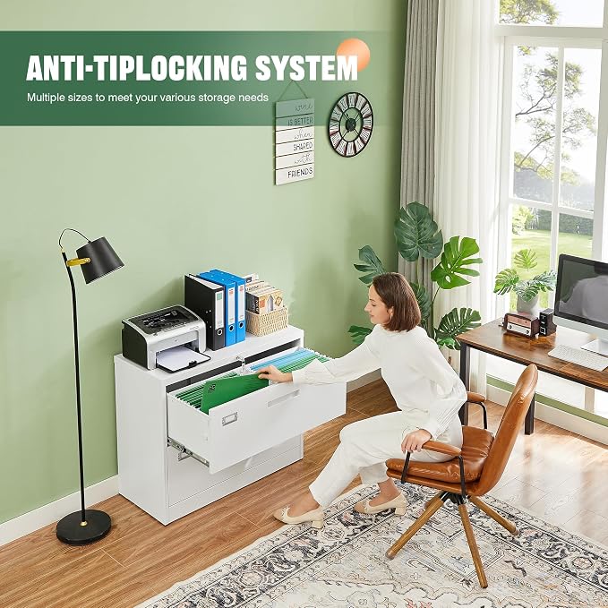 2 Drawer Metal Filing Organization Office Cabinets with Lock,Lateral File Cabinets for Home Office Hanging Files Letter/Legal/F4/A4 Size (2 Drawer-White)
