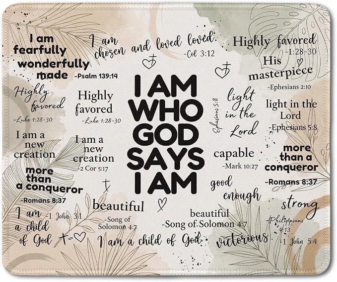 God Says I Am Christian Desk Mouse Pad 9.5x7.9 Inch (Botanical) | Botanical beige God Says I Am Bible verse mousepad for office dorm computers, Christian desk decor and faith gifts for women