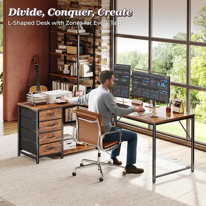 61" L Shaped Desk with Power Outlets & 4 Drawers | Reversible Computer Desk with 2 Storage Shelves, Large Corner Office Desk for Gaming Writing Work Study, Rustic Brown