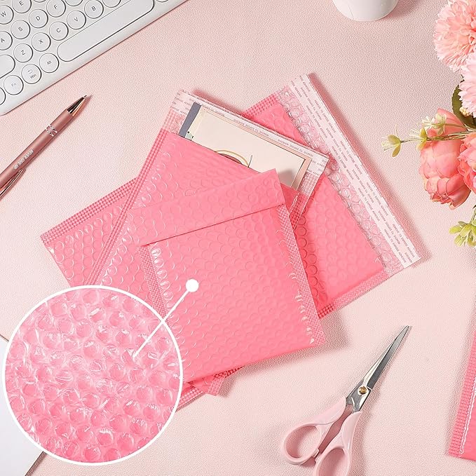 100 Pcs Kraft Bubble Mailers 3 Size Padded Envelopes Kraft Poly Mailers Bubble Lined Shipping Envelopes Mail Shipping Bags for CDs Book Business Supplies (Pink)