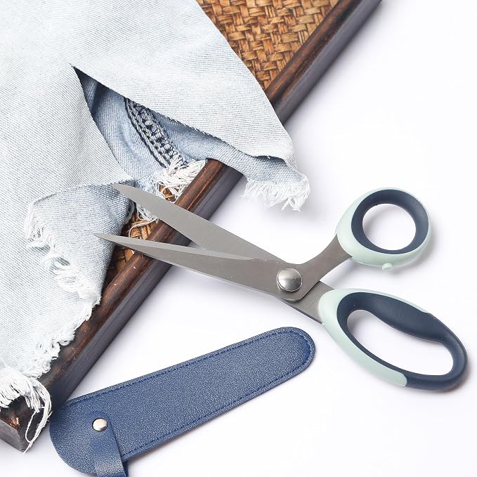 8.5" Multipurpose Heavy Duty Sharp Scissors, Blue With Cover | Soft Grip Handle, Suitable for Households, Offices and Arts and Crafts, Leather Protective Cover