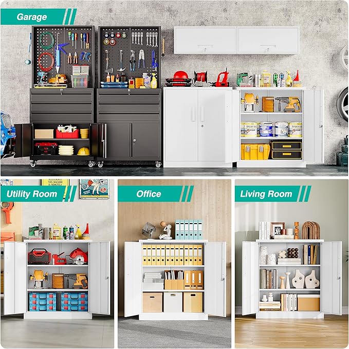 White Metal Storage Cabinet with Doors and Shelves,36 inch Small Metal Cabinet with Lock,Short Garage Storage Cabinets,Locking Steel Cupboard for Home,Office,Kitchen,Garages
