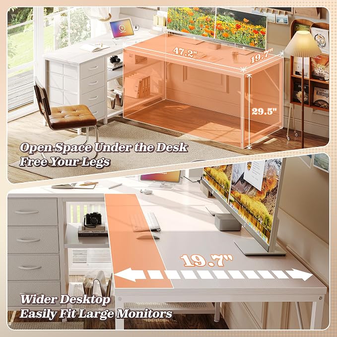 61" L Shaped Desk with Power Outlets & 4 Drawers | Reversible Computer Desk with 2 Storage Shelves, Large Corner Office Desk for Gaming Writing Work Study, White