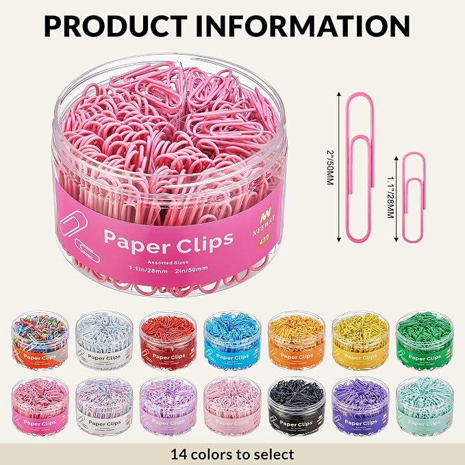 NEEWAY 450pcs Paper Clips Assorted Sizes, Small and Large Paper Clips (1.1 inch, 2 inch), Coated Paperclips for Office School Document Organizing (Rose Pink)