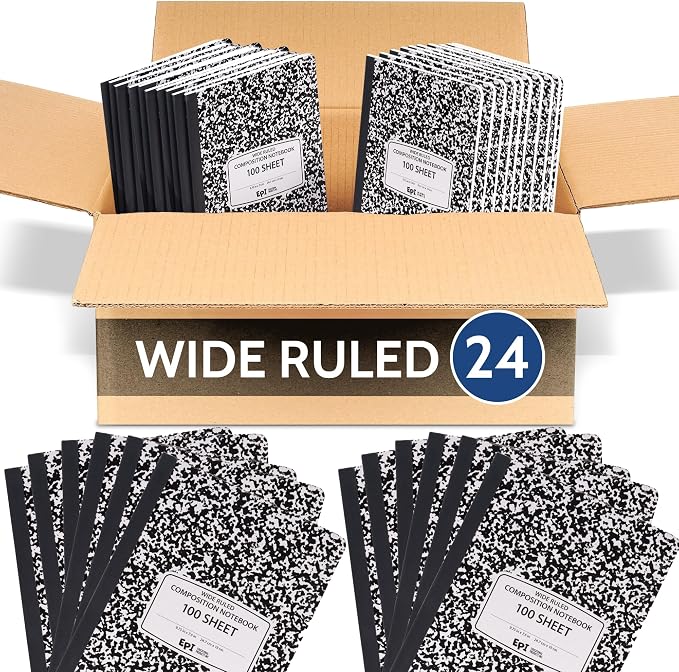24 Pack - EPI Marble Hardcover Wide Ruled Composition Notebook | 200 Pages (100 Sheets), 9.75 x 7.5 in, Sturdy Sewn Binding | School, Office, Journaling, Notes