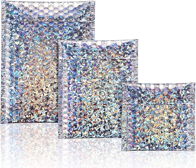 50 Pieces Bubble Mailers 3 Sizes Self Seal Adhesive Poly Mailers Metallic Foil Glitter Padded Shipping Bubble Envelopes for Valentine Mailing Packing Small Business(Glitter Silver)