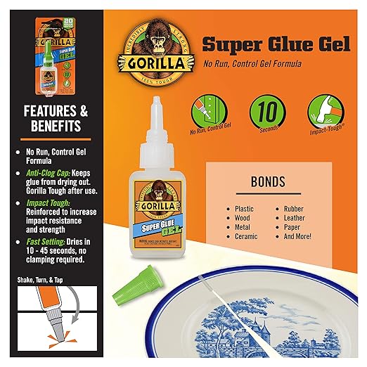 Gorilla Super Glue Gel, Clear Glue, 20 Gram (Pack of 1) - All Purpose and Fast Setting for Projects and Repairs