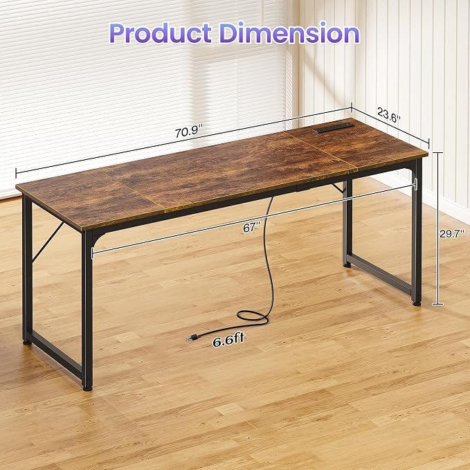 70 X 24 Inch Computer Desk, Power Outlets, USB-C, Rustic Brown | Office Desk with 4 AC Outlets, USB & USB-C, Sturdy Metal Frame, Spacious Desktop for Work, Writing, Study & Gaming
