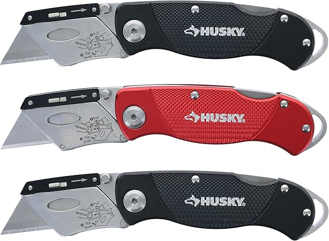 Husky Folding Sure-Grip Lock Back Utility Knives Multi Pack (3 Piece Set: 3 x Husky Knives w/ Blades) (Colors Vary)