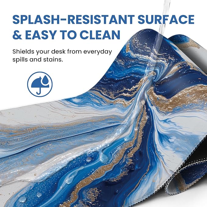 Aesthetic Desk Mat, Cute Ocean Marble Desk Pad Protector for Work & Decor, 31.5" x 11.8", Pretty Non-Slip Extended Mouse Pad for Office or Home