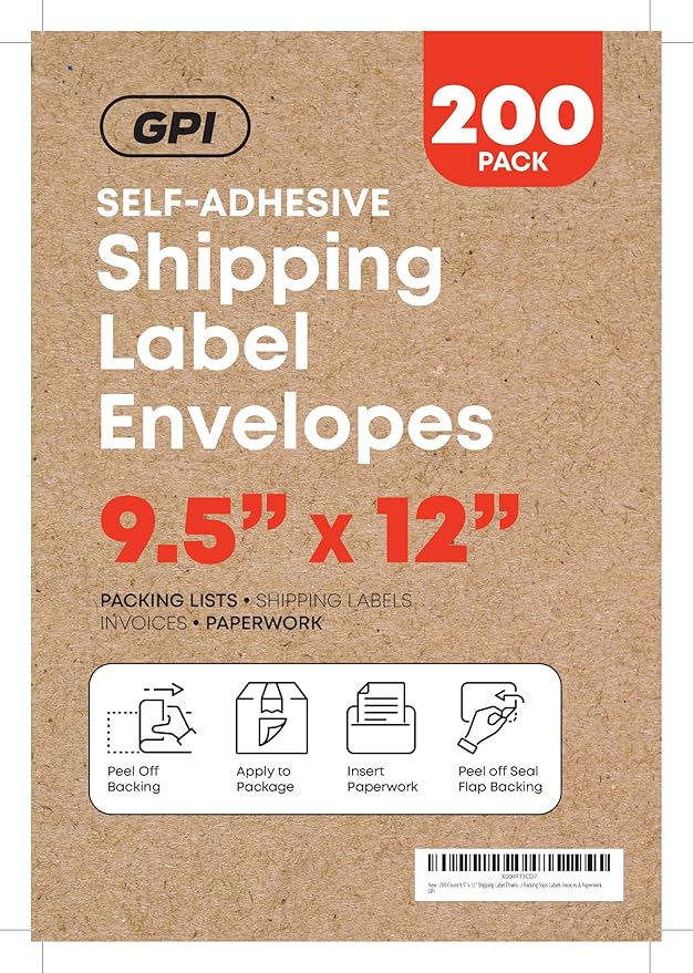 2000 Count 9.5" x 12" Shipping Label Envelopes, Clear Packing List Pouches with Self-Adhesive Back, Top Loading for Shipping Labels Sleeves, for Packing Slips, Labels Invoices & Paperwork. GPI