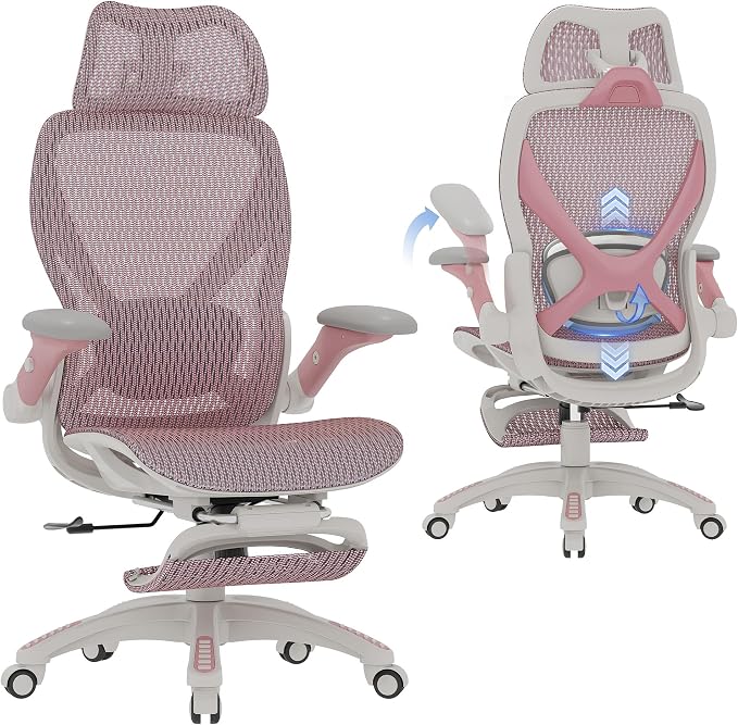 X100 Ergonomic Mesh Office Chair with Footrest, Big and Tall Home Desk Chair with 5D Flip-Up Arms, Adjustable 3D Lumbar Support, Gaming & Executive Computer Chair (Peach Blossom)