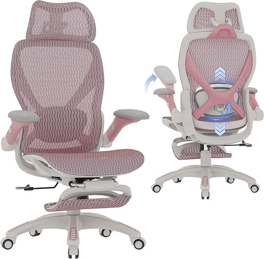 X100 Ergonomic Mesh Office Chair with Footrest, Big and Tall Home Desk Chair with 5D Flip-Up Arms, Adjustable 3D Lumbar Support, Gaming & Executive Computer Chair (Peach Blossom)