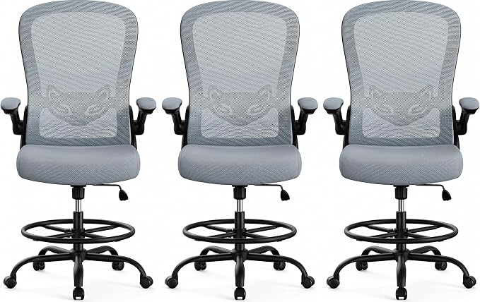 ErGear Drafting Chair,Tall Office Chair with Flip-Up Armrests, High Desk Chair Adjustable Height and Adjustable Footrest Ring, Ergonomic Standing Desk Chair with Lumbar Support, Blue,3 Pack