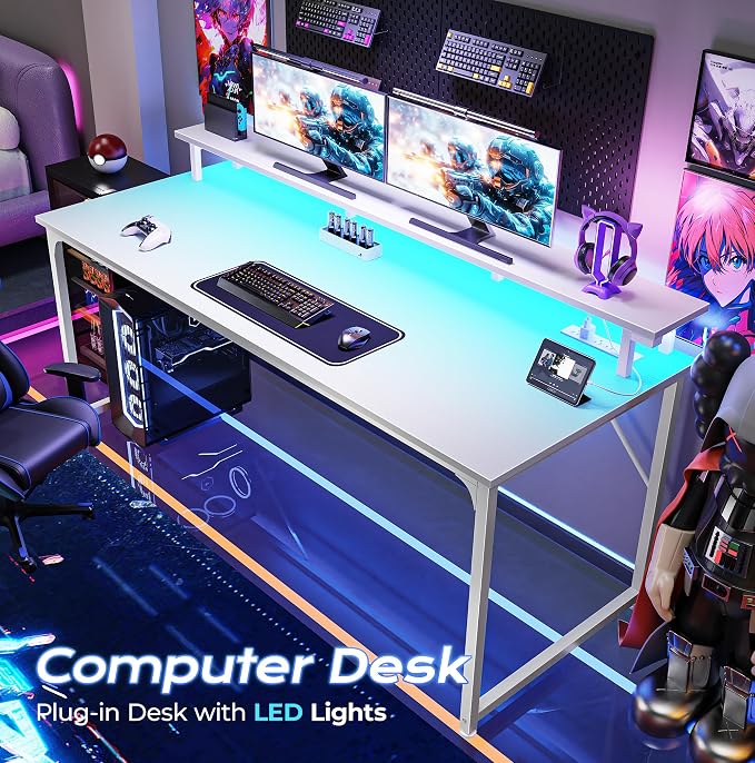 55 inch Gaming Desk, LED & Power Outlets, Monitor Stand, White | Sturdy PC Desk for Home Office, Study & Work, LED Lights, 4 AC Outlets & USB-C Charging Station