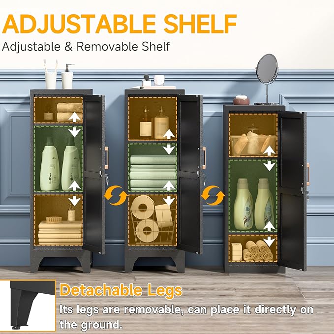 46"H Black Metal Locker with 1 Lockable Door and 2 Adjustable Shelves For Employees, 3 Tier Small Storage Cabinet with Detachable Legs and Vintage Handle for Kitchen,Office,Gym,School,Easy Assembly
