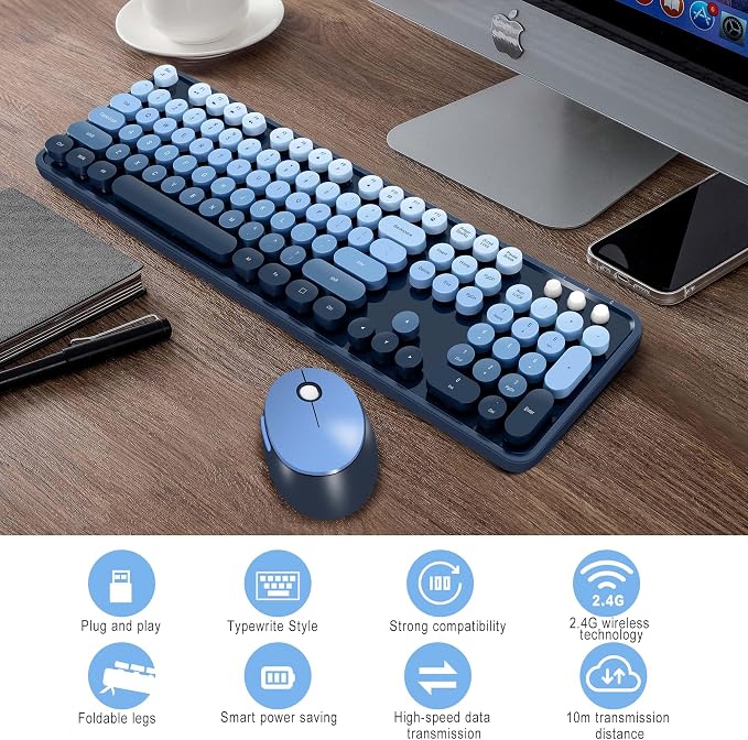 Wireless Keyboard Mouse, Cute Colorful 104 Keys Typewriter Blue | Full Size With Number Pad & Mouse,Compatible With All Windows,Ideal For Windows,1600DPI,Computer, PC, Notebook, Laptop