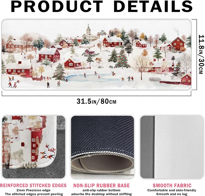 Chrismas Desk Mat Vintage Winter Mouse Pads Large, Red and White Big Farmhouse Mouse Pad for Computers, RETR Snow Gaming Mousepad XL Chrismas Wniter Gifts for Women Girls 31.5x11.8