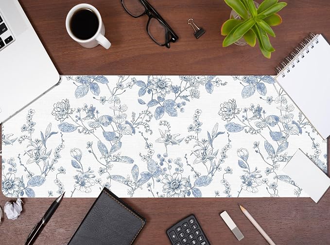 Light Blue Mouse Pad, Blue Flroal Desk Mat for Desk 31.5x11.8 | Light Blue And White Desk Mat, Chinoiserie Desk Mat Aesthetic, Flroal Desk Pad For Computers Office, Blue Office Supplies