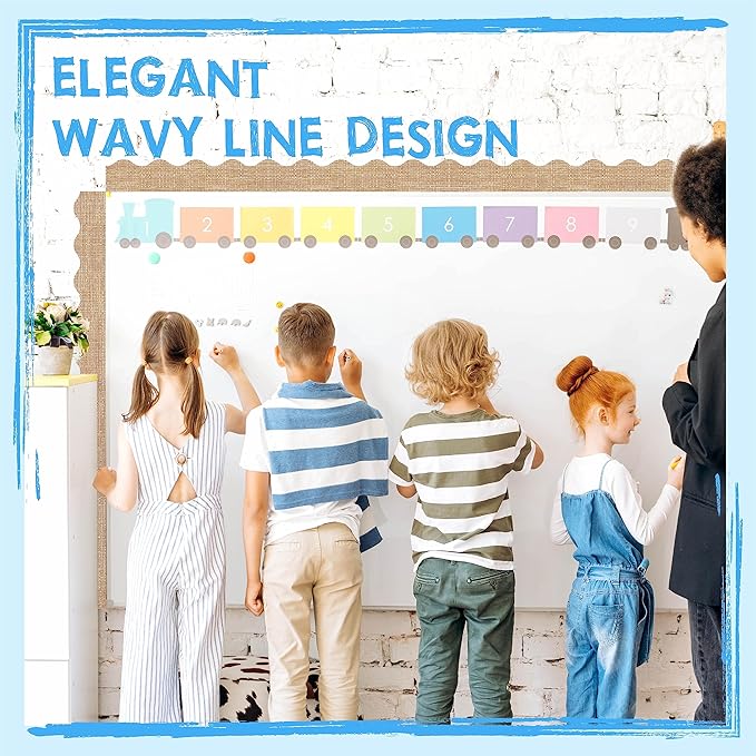 60 Feet Bulletin Board Border, 49 Sheets Burlap Scalloped Border Trim Board Border with Wavy Line Design Decoration for School, Classroom & Offices