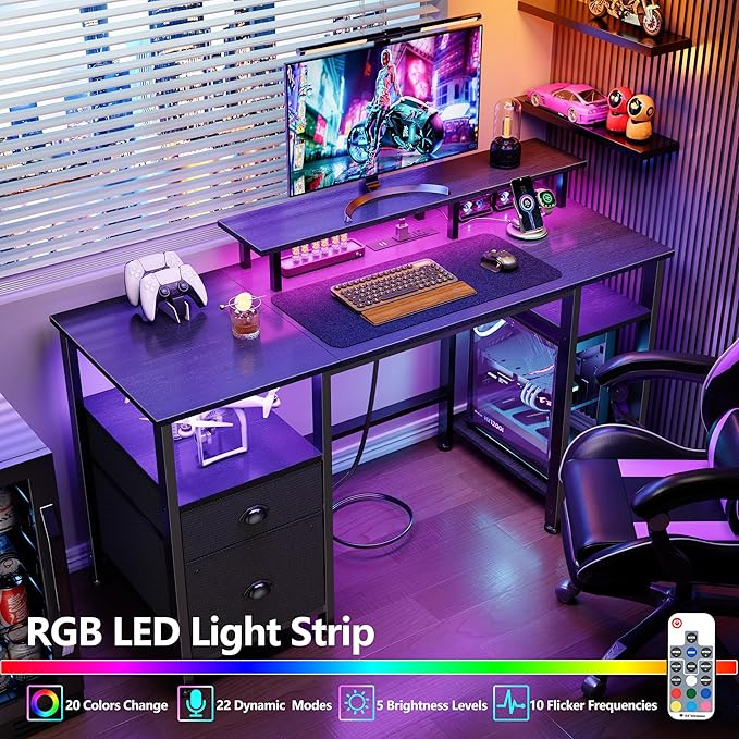 Furologee 51" Gaming Desk with Power Outlets & LED Lights, Reversible Computer Desk with File Cabinet & Monitor Stand for Home Office, Large Work Table with Storage Shelves & Drawer, Black