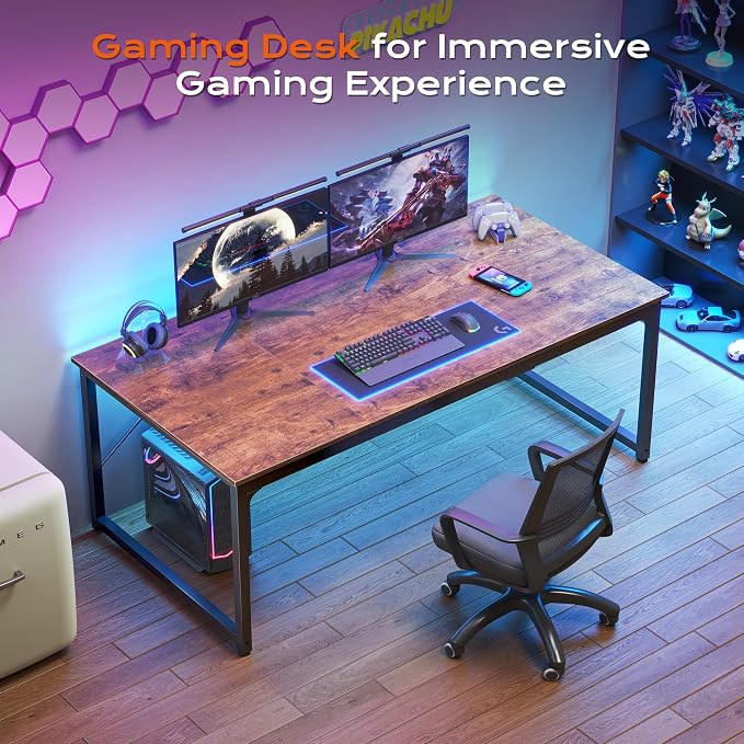 63 X 29.5 Inch Computer Desk with Deeper Desktop, Gaming Office Writing Work Desk for Home Office, Study, Bedroom, Work from Home, Metal Frame, Rustic Brown