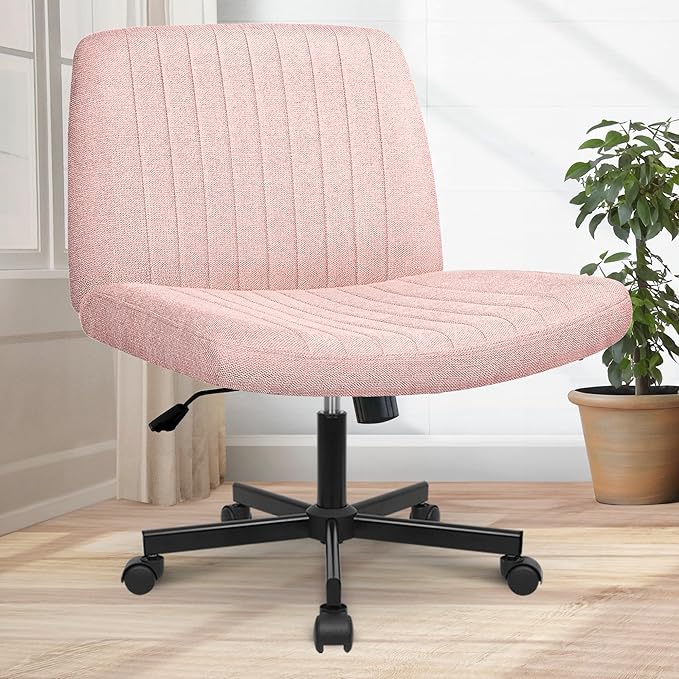 Orange Factory Criss Cross Chair Wheels Wide Cross Legged Office Desk Vanity Chair Comfy Fabric Armless Adjustable Swivel for Home Computer Task (Pink Wheel, Fabric)