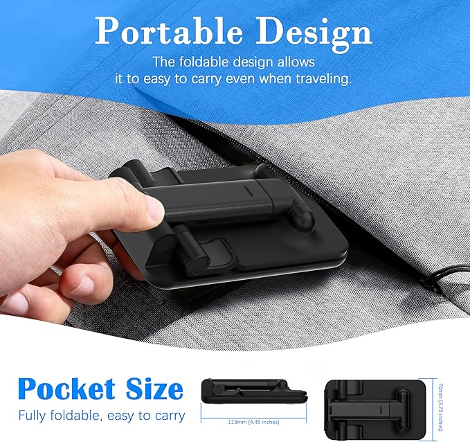 Cell Phone Stand, Adjustable Angle and Height Cell Phone Holder for Desk, Foldable and Portable, Anti-Slip Silicone Pad, Compatible with All Mobile Phones and 4-8 Inch Devices, Black
