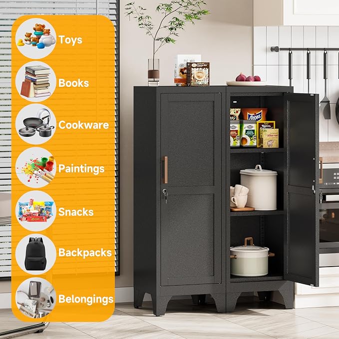 46"H Black Metal Locker with 1 Lockable Door and 2 Adjustable Shelves For Employees, 3 Tier Small Storage Cabinet with Detachable Legs and Vintage Handle for Kitchen,Office,Gym,School,Easy Assembly