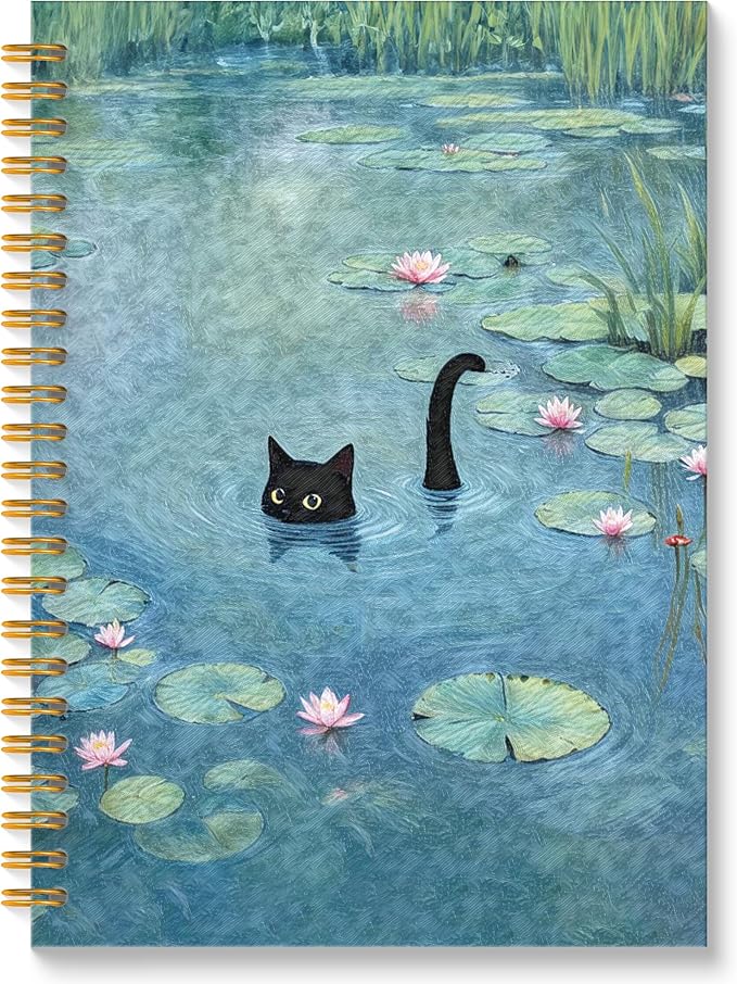 ROXMART Funny Black Cat in Water Lily Pond Spiral Notebook Journal, Cat Lover Mom Lady Gifts for Women, Whimsical Cute Black Kitty Kitten Hardcover Notebook Journal, 5.5x8.3 Inch