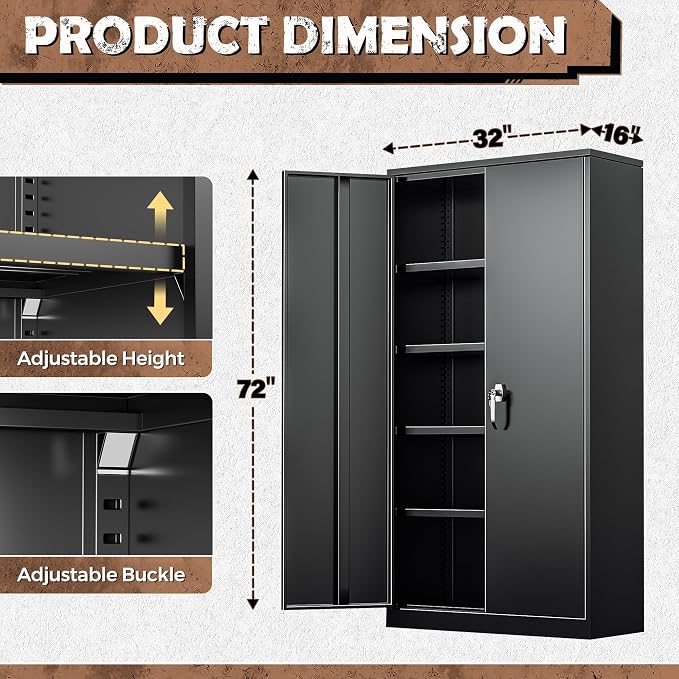 Metal Storage Cabinet, 72” H Storage Cabinet with Doors and Adjustable Shelves for Office, Home, Garage, Pantry (Assembly Required, Black)