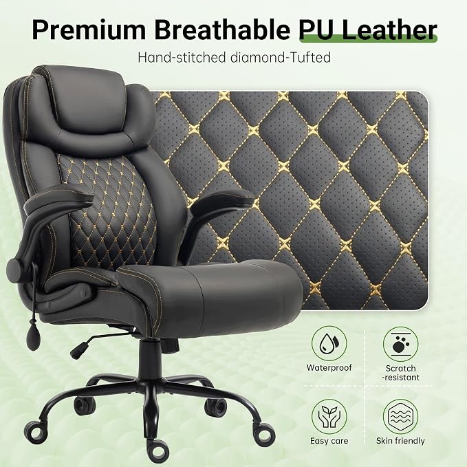 Office Chair, Big and Tall Executive Chair with Air-Lumbar Support, Breathable Desk Computer Chair with Adjustable Flip-up Armrests, Wide Cushion Seat Swivel Home Office Chair