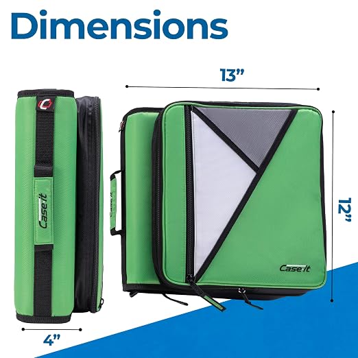 Case-it School Zipper Binder | 2" O-Rings | 400-Sheet | LT-007 Canopy Green | Universal, 13-Inch Laptop/Tablet Padded Pocket, Multiple Storage Pockets, Shoulder Strap, School & Office Organizer