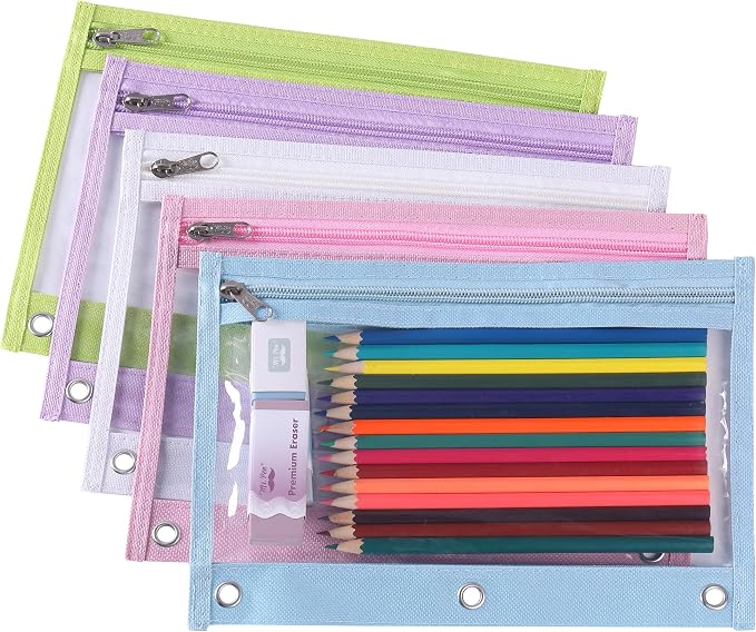 Mr. Pen- Pencil Pouch for 3 Ring Binder, 5 Pack, 10"x7", Smooth Zipper | Clear Window, Large Capacity Pencil Case with 3 Reinforced Grommets for School, Office, Supplies Storage | Clear Window, Large Capacity Pencil Case with 3 Reinforced Grommets for ...