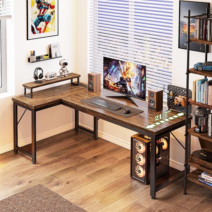 53" L Shaped Computer Desk, Outlets, Monitor Stand, Rustic Brown | USB-C Ports, Reversible Charging Station, Spacious Desktop & Legroom, 0.94 Inch Thick Desktop, for Gaming, Study & Work