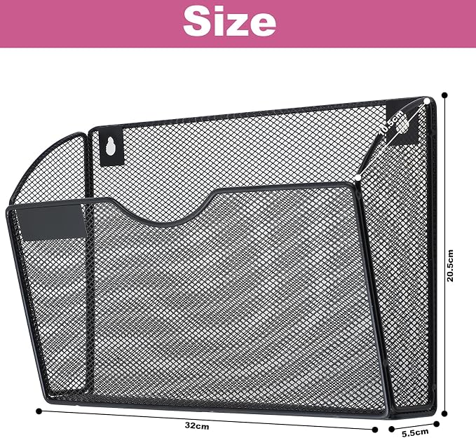 1 Pocket Mesh Wall File Holder Organizer Office Hanging File Folder Magazine Rack, Nametag Label Hooks Set Included (Black)