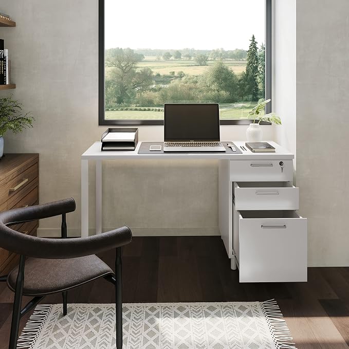Modern Designs Milano Office Desk with 3 Locking Drawers, 48 Inch White Industrial Wood Desk with Filing Drawer and Storage, by Crafts and Comfort
