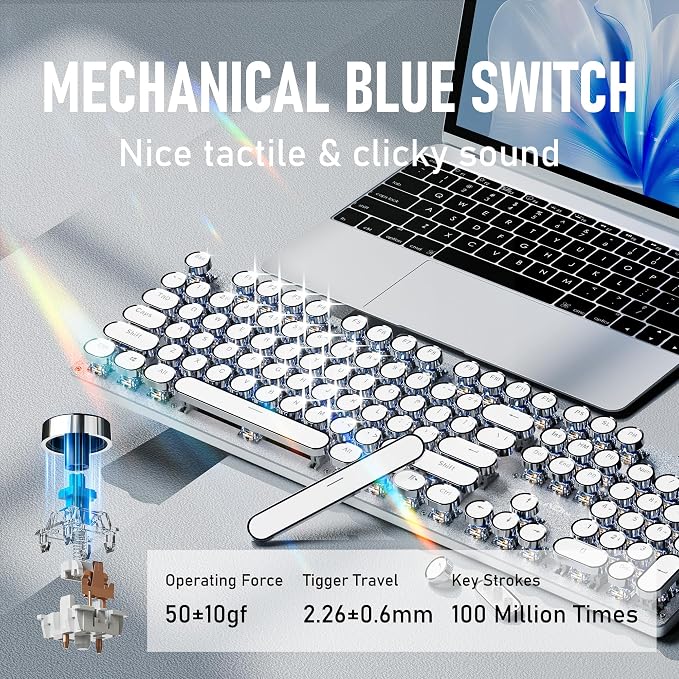 Wired Typewriter Style Mechanical Gaming Keyboard with White Backlit-White | Retro Punk Round Keycaps, Metal Panel, Clicky Blue Switch, 104 Keys Full Size Desk Setup for Windows PC, Mac, Desktop, Laptop
